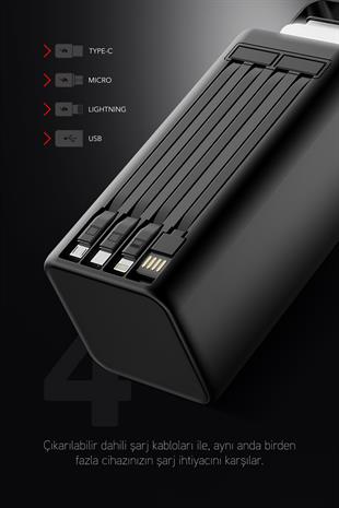 80.000 mAh PD 22.5W Hızlı Şarj Dahili Kablolu Kamp Taşınabilir Güç Kaynağı Siyah PD80 Powerbank