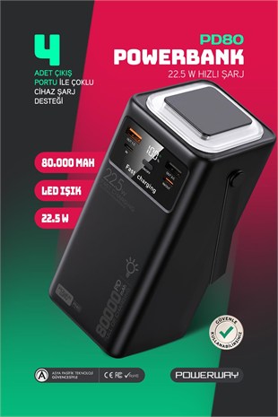 80.000 mAh PD 22.5W Hızlı Şarj Dahili Kablolu Kamp Taşınabilir Güç Kaynağı Siyah PD80 Powerbank