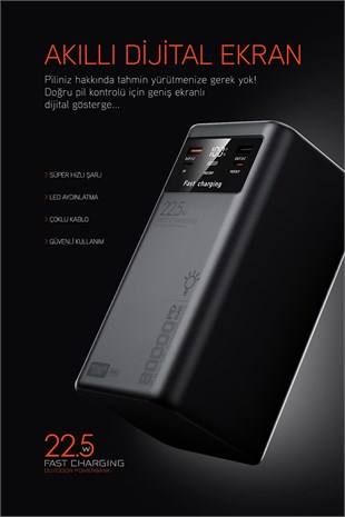 80.000 mAh PD 22.5W Hızlı Şarj Dahili Kablolu Kamp Taşınabilir Güç Kaynağı Beyaz PD80 Powerbank