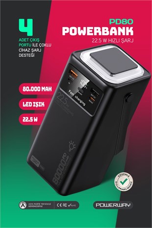 80.000 mAh PD 22.5W Hızlı Şarj Dahili Kablolu Kamp Taşınabilir Güç Kaynağı Siyah PD80 Powerbank