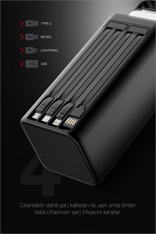 80.000 mAh PD 22.5W Hızlı Şarj Dahili Kablolu Kamp Taşınabilir Güç Kaynağı Siyah PD80 Powerbank