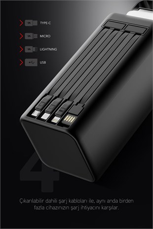 80.000 mAh PD 22.5W Hızlı Şarj Dahili Kablolu Kamp Taşınabilir Güç Kaynağı Siyah PD80 Powerbank