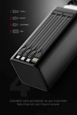 80.000 mAh PD 22.5W Hızlı Şarj Dahili Kablolu Kamp Taşınabilir Güç Kaynağı Siyah PD80 Powerbank