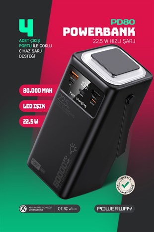 80.000 mAh PD 22.5W Hızlı Şarj Dahili Kablolu Kamp Taşınabilir Güç Kaynağı Siyah PD80 Powerbank
