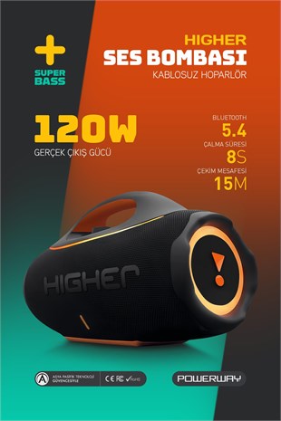 Higher 120W 4x Güç Usb Hafıza Kartı Aux Fm Led Işıklı Bluetooth Hoparlör 8000 mAh Ses Bombası