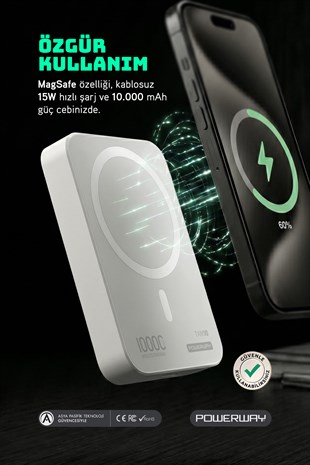 Powerway 10.000 mAh PD 15W Magsafe Kablosuz Wireless Taşınabilir Şarj Cihazı Beyaz Powerbank TXM10