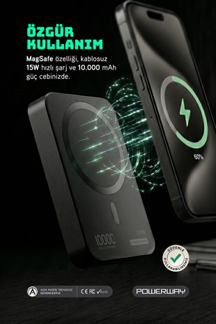 Powerway 10.000 mAh PD 15W Magsafe Kablosuz Wireless Taşınabilir Şarj Cihazı Siyah Powerbank TXM10