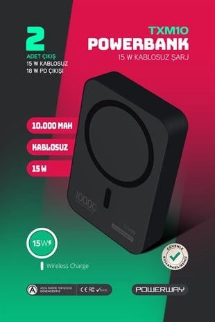 Powerway 10.000 mAh PD 15W Magsafe Kablosuz Wireless Taşınabilir Şarj Cihazı Siyah Powerbank TXM10