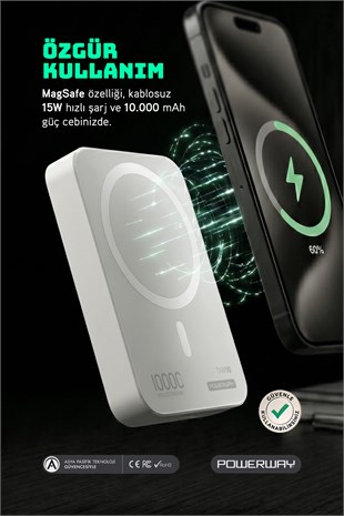 Powerway 10.000 mAh PD 15W Magsafe Kablosuz Wireless Taşınabilir Şarj Cihazı Beyaz Powerbank TXM10
