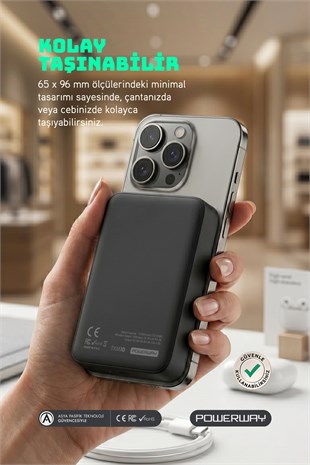 Powerway 10.000 mAh PD 15W Magsafe Kablosuz Wireless Taşınabilir Şarj Cihazı Siyah Powerbank TXM10