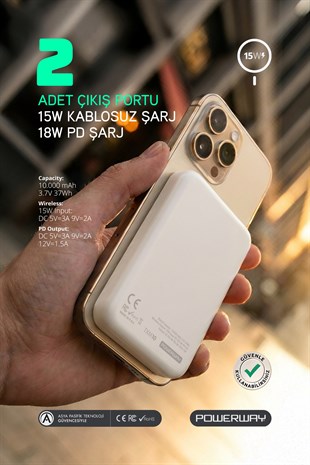 Powerway 10.000 mAh PD 15W Magsafe Kablosuz Wireless Taşınabilir Şarj Cihazı Beyaz Powerbank TXM10