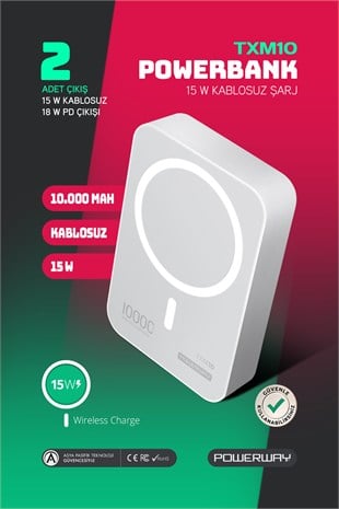 Powerway 10.000 mAh PD 15W Magsafe Kablosuz Wireless Taşınabilir Şarj Cihazı Beyaz Powerbank TXM10