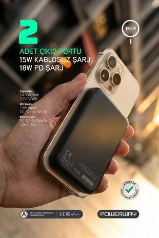 Powerway 10.000 mAh PD 15W Magsafe Kablosuz Wireless Taşınabilir Şarj Cihazı Siyah Powerbank TXM10