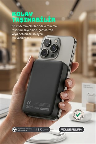 Powerway 10.000 mAh PD 15W Magsafe Kablosuz Wireless Taşınabilir Şarj Cihazı Siyah Powerbank TXM10