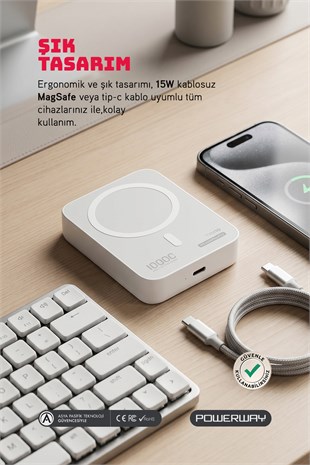 Powerway 10.000 mAh PD 15W Magsafe Kablosuz Wireless Taşınabilir Şarj Cihazı Beyaz Powerbank TXM10