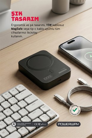 Powerway 10.000 mAh PD 15W Magsafe Kablosuz Wireless Taşınabilir Şarj Cihazı Siyah Powerbank TXM10