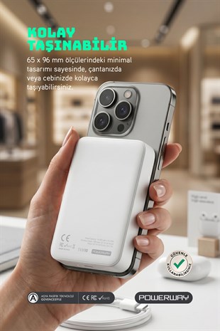 Powerway 10.000 mAh PD 15W Magsafe Kablosuz Wireless Taşınabilir Şarj Cihazı Beyaz Powerbank TXM10