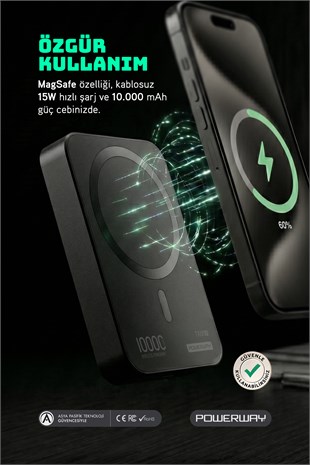 Powerway 10.000 mAh PD 15W Magsafe Kablosuz Wireless Taşınabilir Şarj Cihazı Siyah Powerbank TXM10