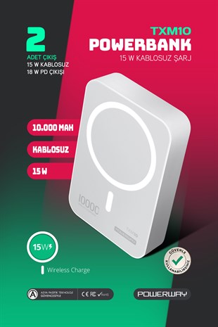 Powerway 10.000 mAh PD 15W Magsafe Kablosuz Wireless Taşınabilir Şarj Cihazı Beyaz Powerbank TXM10