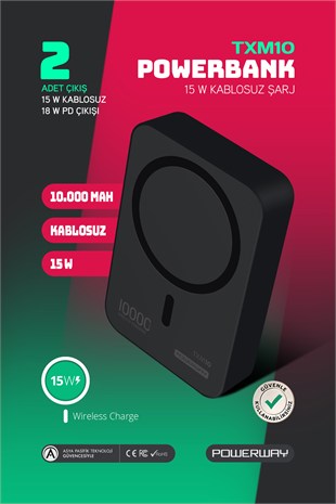 Powerway 10.000 mAh PD 15W Magsafe Kablosuz Wireless Taşınabilir Şarj Cihazı Siyah Powerbank TXM10