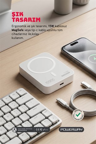 Powerway 10.000 mAh PD 15W Magsafe Kablosuz Wireless Taşınabilir Şarj Cihazı Beyaz Powerbank TXM10