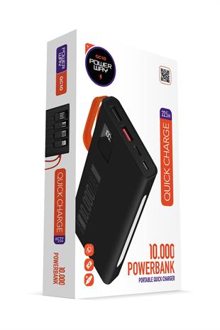 Powerway QC10 Siyah 10.000 Mah PD 22.5W Dahili Kablolu Hızlı Şarj Led Işıklı Powerbank