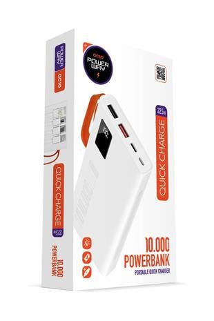 Powerway QC10 Beyaz 10.000 Mah PD 22.5W Dahili Kablolu Hızlı Şarj Led Işıklı Powerbank
