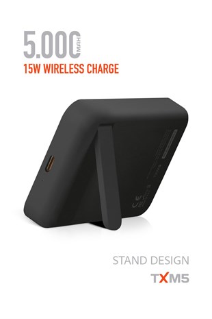Powerway 5.000 mAh PD 15W Magsafe Kablosuz Wireless Taşınabilir Şarj Cihazı Siyah Powerbank TXM5