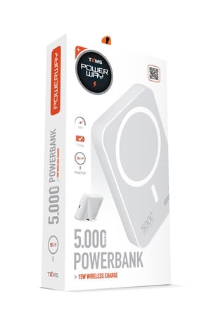 Powerway 5.000 mAh PD 15W Magsafe Kablosuz Wireless Taşınabilir Şarj Cihazı Beyaz Powerbank TXM5