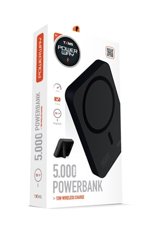 Powerway 5.000 mAh PD 15W Magsafe Kablosuz Wireless Taşınabilir Şarj Cihazı Siyah Powerbank TXM5