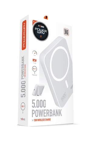Powerway 5.000 mAh PD 15W Magsafe Kablosuz Wireless Taşınabilir Şarj Cihazı Beyaz Powerbank TXM5