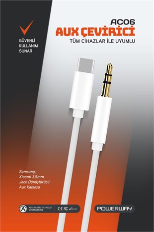 Powerway AC06 Type-C to 3.5mm Erkek Aux Dönüştürücü Aux Çevirici