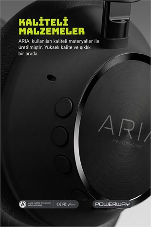 Powerway Aria Kulak Üstü Bluetooth Kulaklık Siyah Kablosuz Ayarlanabilir Aktif Gürültü Önleyici