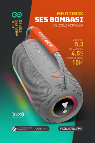 Powerway BeatBox Gri Led Işıklı Dayanıklı Ses Bombası Usb Sd Aux FM Radyo Bluetooh Hoparlör