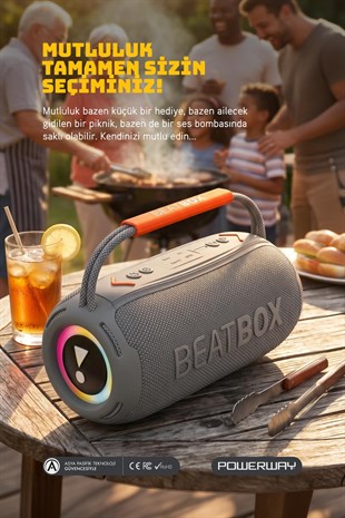 Powerway BeatBox Gri Led Işıklı Dayanıklı Ses Bombası Usb Sd Aux FM Radyo Bluetooh Hoparlör
