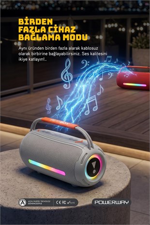 Powerway BeatBox Gri Led Işıklı Dayanıklı Ses Bombası Usb Sd Aux FM Radyo Bluetooh Hoparlör