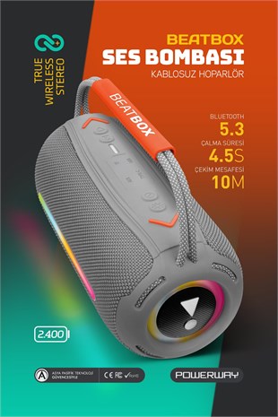 Powerway BeatBox Gri Led Işıklı Dayanıklı Ses Bombası Usb Sd Aux FM Radyo Bluetooh Hoparlör
