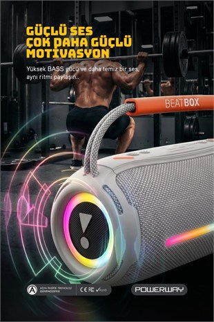Powerway BeatBox Gri Led Işıklı Dayanıklı Ses Bombası Usb Sd Aux FM Radyo Bluetooh Hoparlör