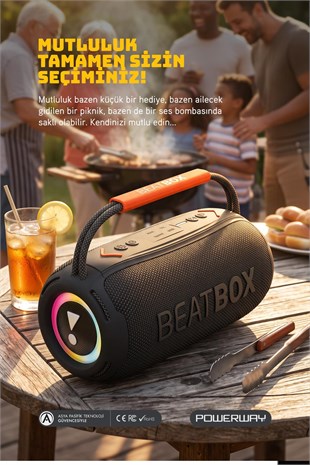 Powerway BeatBox Siyah Led Işıklı Dayanıklı Ses Bombası Usb Sd Aux FM Radyo Bluetooh Hoparlör
