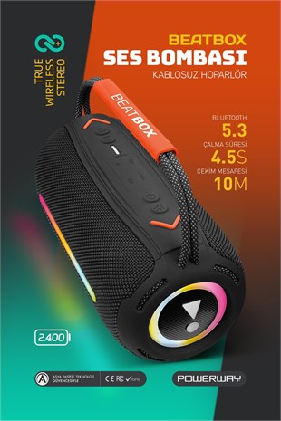 Powerway BeatBox Siyah Led Işıklı Dayanıklı Ses Bombası Usb Sd Aux FM Radyo Bluetooh Hoparlör