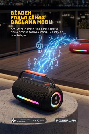 Powerway BeatBox Siyah Led Işıklı Dayanıklı Ses Bombası Usb Sd Aux FM Radyo Bluetooh Hoparlör