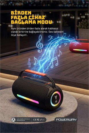 Powerway BeatBox Siyah Led Işıklı Dayanıklı Ses Bombası Usb Sd Aux FM Radyo Bluetooh Hoparlör
