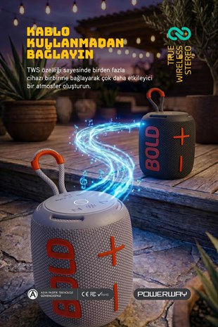 Powerway Bold Gri Taşınabilir Ses Bombası Kablosuz Bluetooth Hoparlör Speaker Yüksek Sesli TWS