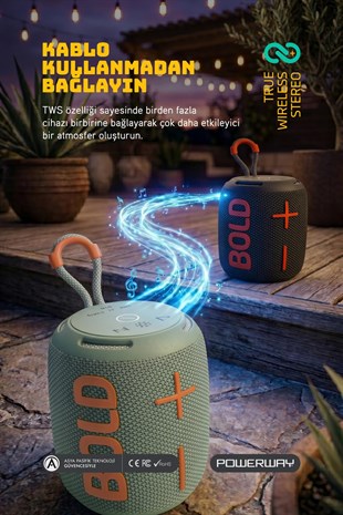 Powerway Bold Haki Taşınabilir Ses Bombası Kablosuz Bluetooth Hoparlör Speaker Yüksek Sesli TWS