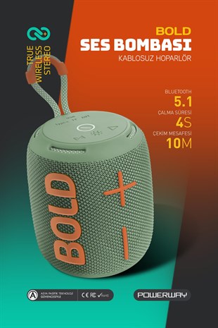 Powerway Bold Haki Taşınabilir Ses Bombası Kablosuz Bluetooth Hoparlör Speaker Yüksek Sesli TWS