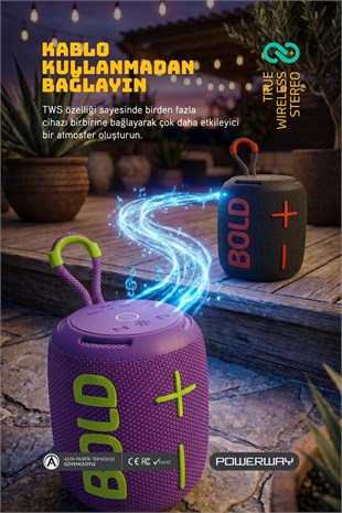 Powerway Bold Mor Taşınabilir Ses Bombası Kablosuz Bluetooth Hoparlör Speaker Yüksek Sesli TWS
