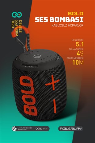 Powerway Bold Siyah Taşınabilir Ses Bombası Kablosuz Bluetooth Hoparlör Speaker Yüksek Sesli TWS