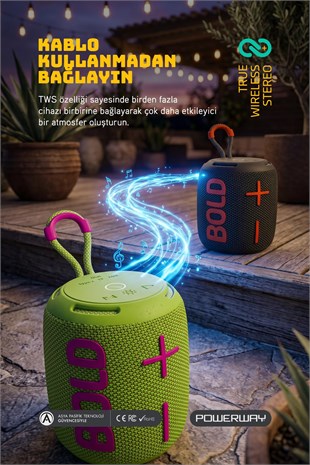 Powerway Bold Siyah Taşınabilir Ses Bombası Kablosuz Bluetooth Hoparlör Speaker Yüksek Sesli TWS