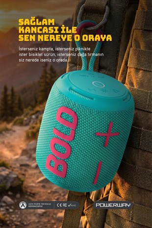 Powerway Bold Turkuaz Taşınabilir Ses Bombası Kablosuz Bluetooth Hoparlör Speaker Yüksek Sesli TWS