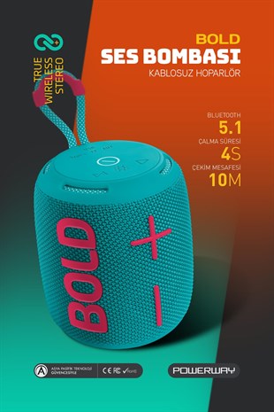 Powerway Bold Turkuaz Taşınabilir Ses Bombası Kablosuz Bluetooth Hoparlör Speaker Yüksek Sesli TWS